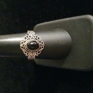 Petite Dainty Black Agate Cabochon Ring in Detailed Setting